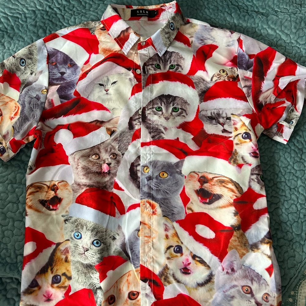 Festive Cat Print Shirt - Red and White